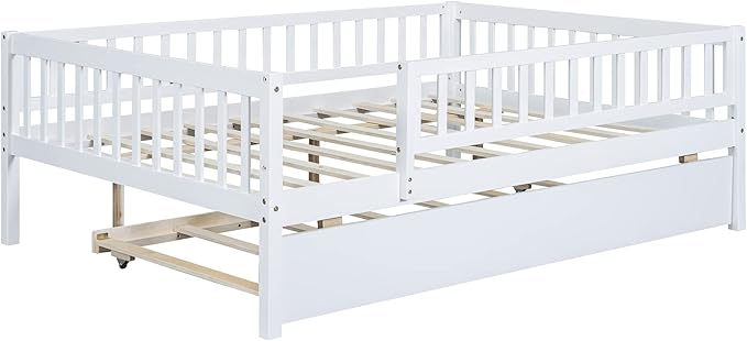 Bellemave Full Size Bed Frames with Rails for Kids, Full daybed Frame with Trundle for Boys/Girls/Adults， White