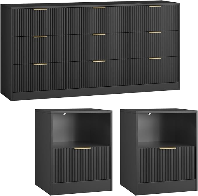 3-Piece Fluted Black Dresser and Nightstand Set, 63” Wide Bedroom Dresser Set Night Stand Set of 2 with Metal Handle, Modern Wood Chest of Drawers Storage Dressers Set for Bedroom, Black