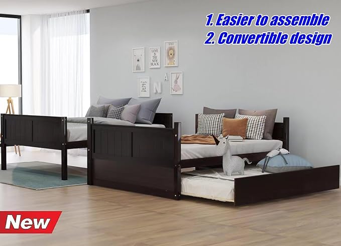 TSAMPA Latest Upgraded & Stronger Heavy Duty Solid Wood Full Over Full Bunk Bed with Trundle, Thickened Safer Convertible Bunkbed Frame (Easier to Assemble) (Espresso)