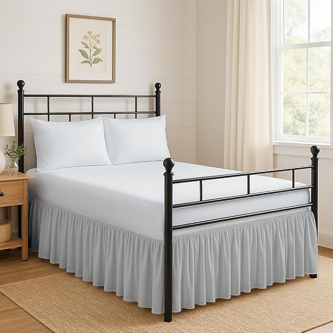 Ruffled Bed Skirt Split Corners with Platform, Tailored Fit Hotel Quality Wrinkle Free Ultra-Soft Microfiber Dust Ruffle, Upto 28 Inch Drop, King, Light Grey