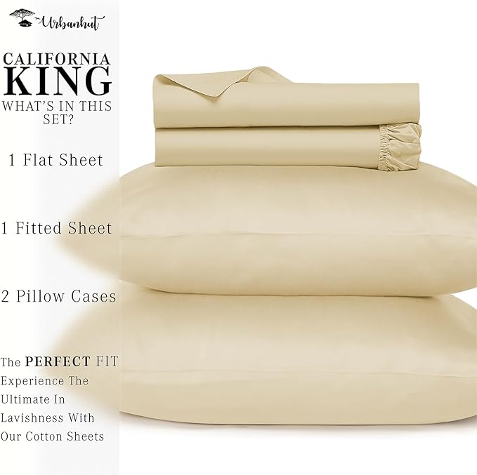 URBANHUT 800 Thread Count 100% Cotton California King Size Sheets, Luxury 4 Piece Cal King Bedsheets, Hotel Sheets Sateen Finish - Better Than Egyptian, 16" Elasticized Deep Pocket - Sand