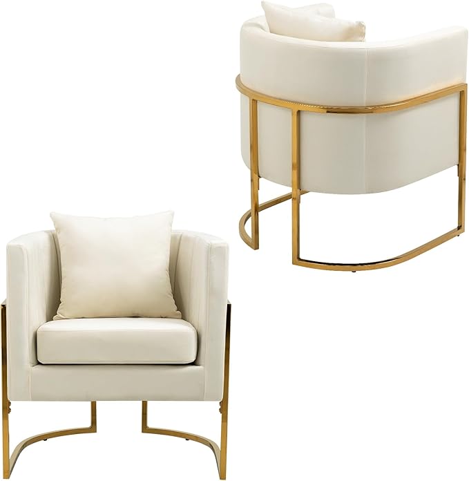Velvet Modern Accent Chair, Upholstered Barrel Armchair Mid Century with Pillow for Living Room, Comfy Single Vanity Chair with Metal Gold Legs for Bedroom, White