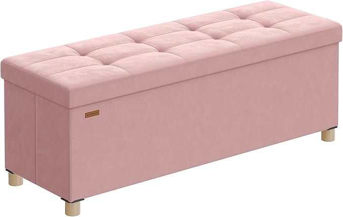 SONGMICS Storage Ottoman Bench, Folding Storage Chest, 15 x 43.3 x 15.7 Inches, Foot Rest Stool, 30 Gal. (112 L), Velvet Surface, for Bedroom, Entryway, Living Room, Jelly Pink ULSF0518R02
