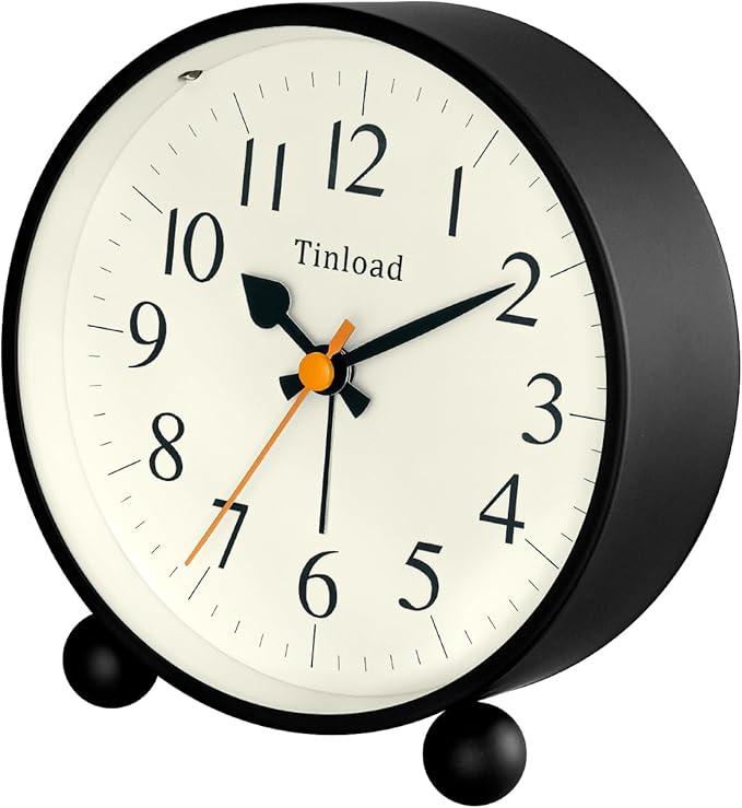 4.5" Vintage Retro Analog Alarm Clock, Super Silent Non Ticking Small Clock with Manual Light, Snooze, Battery Operated, for Living Room, Bedroom, Bedside, Desk(Black)