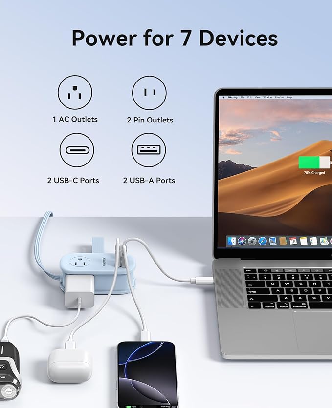 ORICO 65W GaN Travel Power Strip with 7-in-1 Charging Ports (3 AC Outlets/2 USB-A/2 USB-C), Flat Plug and 4FT Extension Cord, Fast Charger for MacBook Pro/Air, iPad Pro, iPhone 17/16/15- AP3