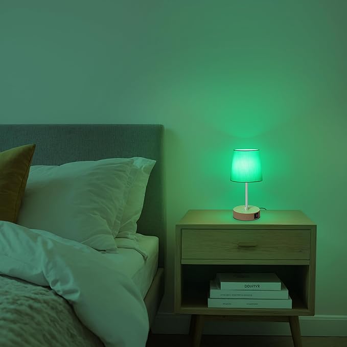 Ascher Small Bedside Table lamp Set of 2, RGB Color Changing Lamps, 3 Color Temperatures, Stepless Dimmable, Nightstand Lamp with USB C+A Ports for Bedroom Living Room, (Grey Shade, Wood Grain Base)