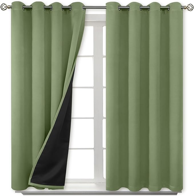 BGment Short 100% Blackout Curtains for Bedroom, Thermal Insulated Energy Efficiency Noise Reducing Grommet Curtains 45 Inch Length with Liner for Small Window 2 Panels Each 52 Inch Wide, Grass Green