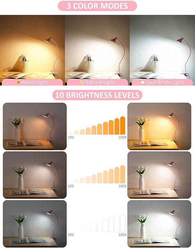 Clip on Light USB Reading Light, Eye Care Dimmable Reading Lamp Flexible Goose Neck Clip on Lamp for Bed Headboard Desk Bedside Dorm - Pink