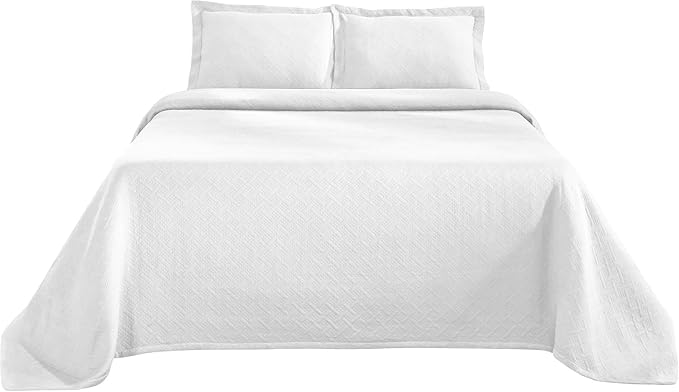 Superior 100% Cotton Basket Weave Bedspread with Shams, All-Season Premium Cotton Matelasse Jacquard Bedding, Quilted-Look Geometric Basket, Full, White