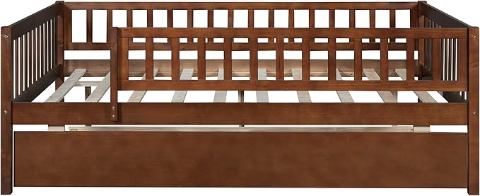 Bellemave Full Size Bed Frames with Rails for Kids, Full daybed Frame with Trundle for Boys/Girls/Adults，Walnut