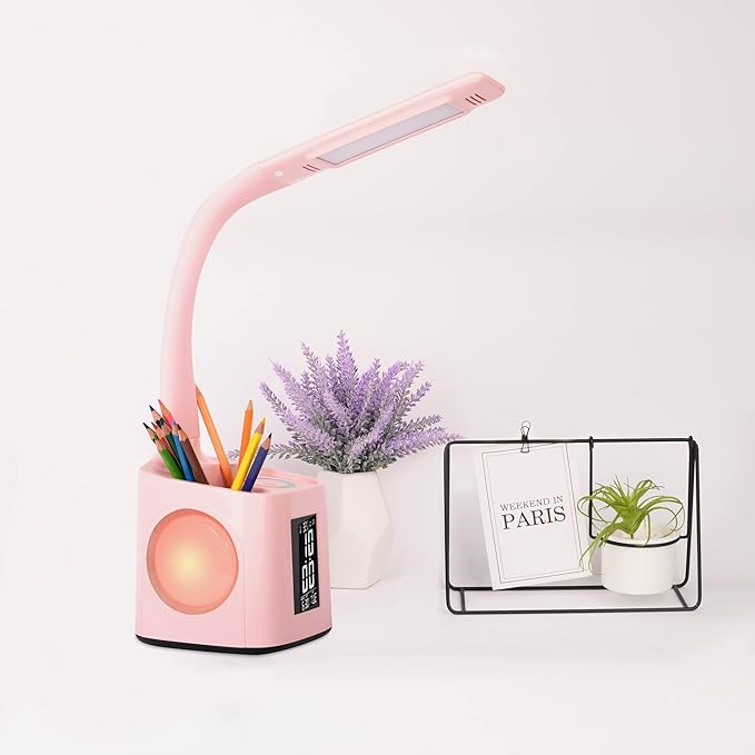 wanjiaone LED Desk Lamp with Clock,Color Changing Nightlight,Study Lamp with Pen Holder,Desk Light with USB Charger,Table Light for Home,Office,Bedroom,Gift for Kids,Students,Women,Pink