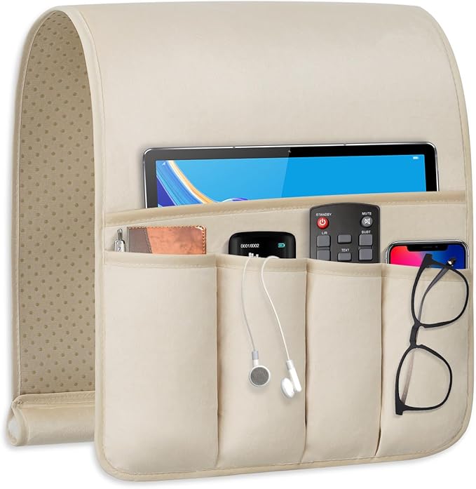WETRBWEH TV Remote Control Holder Couch Caddy, Non-slip Bedside Caddy Organizer with 5 Pockets for Key Glasses Phone Magazine Holders (Beige, 35"x12.4")