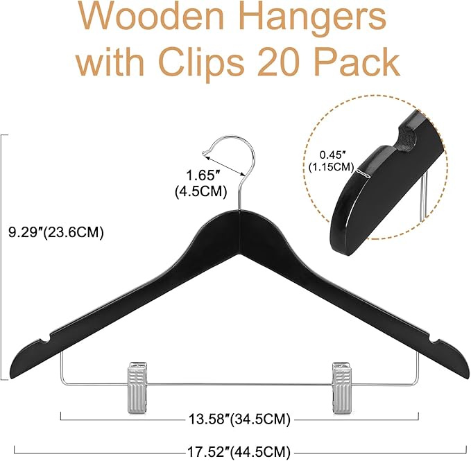 TOPIA HANGER Wooden Suit Hangers with Adjustable Metal Clips (20 Pack), Solid Wood Coat Hangers, 360° Swivel Hook, Premium Clothes Hangers for Jacket, Pant, Jeans, Blouse-Black, CT28B20