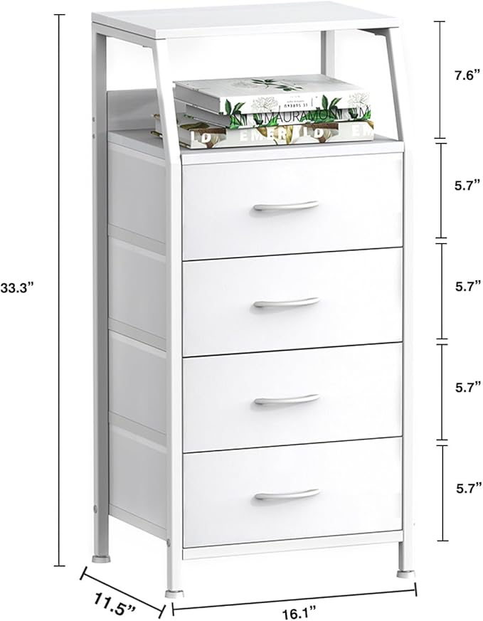 Dresser with 4 Drawers, Fabric Storage Tower for Bedroom, White Clothes Storage Drawers, Vertical Closet Organizer for Kids Room, Entryway, Nightstand Bedside Table, Sturdy Steel Frame & Wooden Top