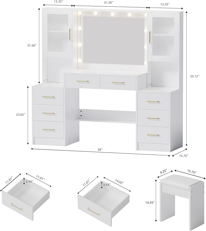 White Vanity Desk with Mirror, Lights & Charging Station, 58" 3 Lighting Modes Makeup Desk with 8 Drawers, 2 Cabinets and Lots Storage, Dressing Table Vanity Set with Lighted Mirror