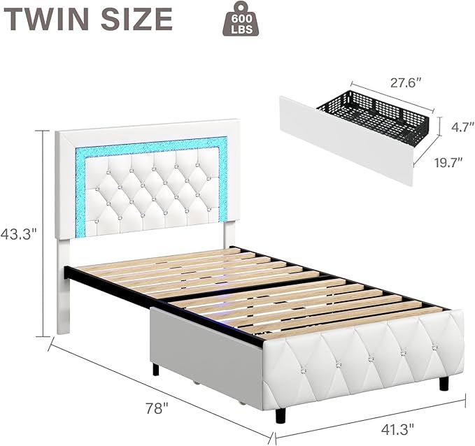 BarnFurin Twin Bed Frames with Storage Drawers and LED Lights, Upholstered Bed with Crystal Tufted Headboard, Princess Platform Bed with Wooden Slats Support, No Box Spring Needed, White
