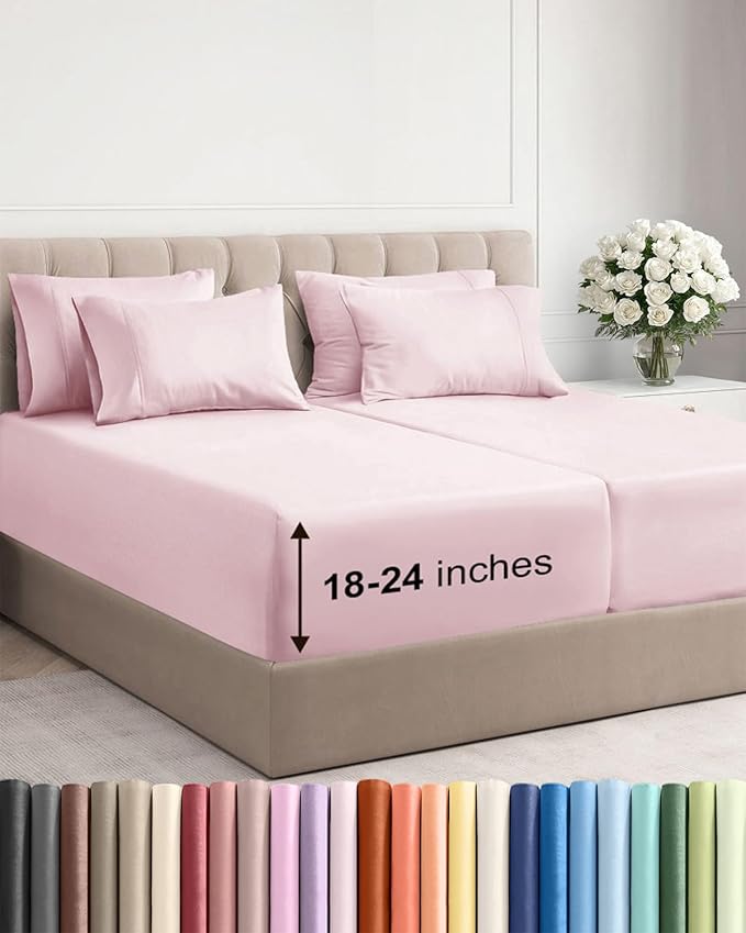 Extra Deep Split King Sheet Set - 7 Piece Breathable & Cooling Sheets - Hotel Luxury Bed Sheets Set - Easy Fit - Soft, Wrinkle Free & Comfy Sheets Set - Lavender Pink Sheet Set w/Extra Deep Pockets