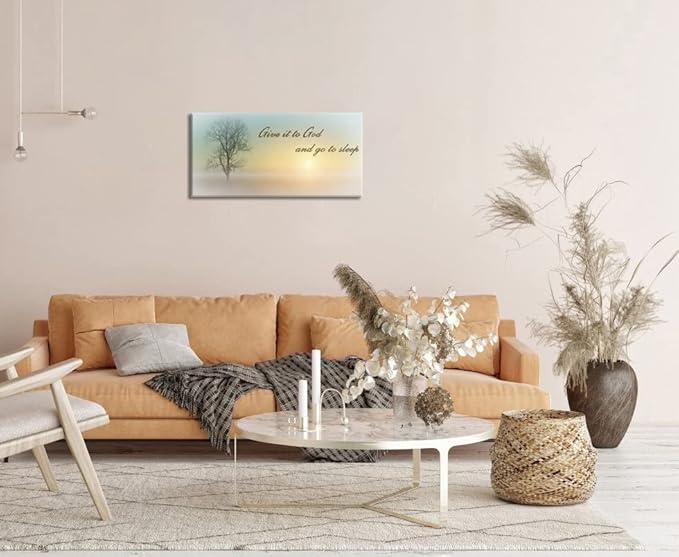 Wall Art for Bedroom of Waterproof Quote Paintings, Family Wall Decor of Misty Sunrise & Plant, Room Wall Pictures of Large Wall Art, White Country Decor by Wood Inner Framed ( 16x32 )
