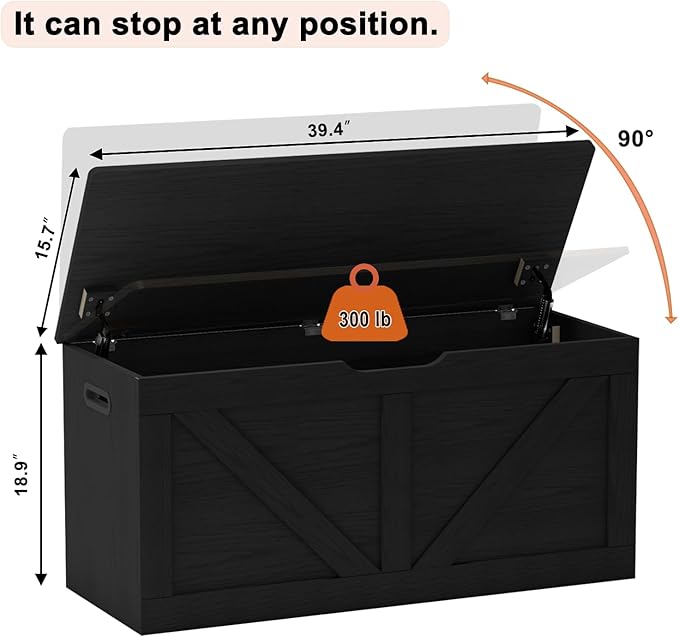 Timberer 39.4" Storage Chest, Wooden Storage Bench, Large Storage Trunk with 2 Safety Hinges, Entryway Shoes Bench for Living Room, Bedroom, Black