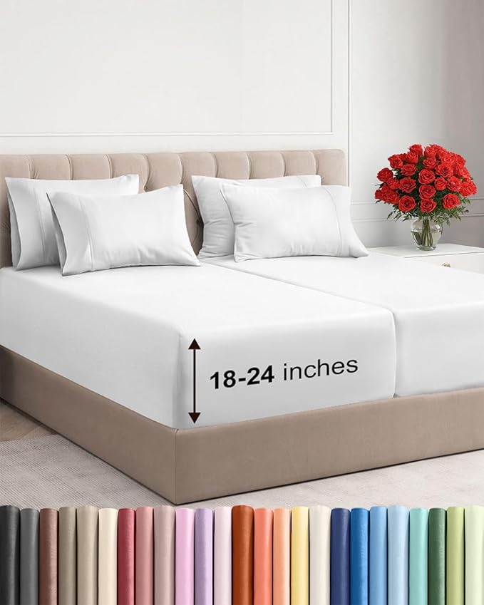 Extra Deep Split King Sheet Set - 7 Piece Breathable & Cooling Sheets - Hotel Luxury Bed Sheets Set - Easy & Secure Fit - Soft, Wrinkle Free & Comfy Sheets Set - White Sheet Set w/Extra Deep Pockets