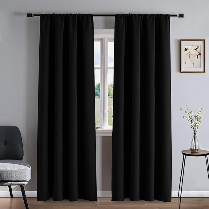 Blackout Curtains 90 Inches Long 2 Panels Set, Black Curtains Thermal Insulated Room Darkening Drapes for Bedroom, Rod Pocket Light Blocking Drapes Living Room Windows(52W × 90L, Black)
