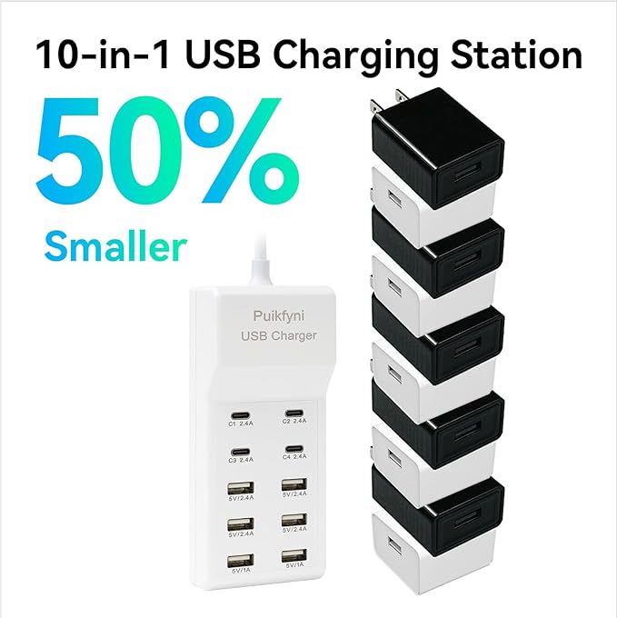 Puikfyni Portable USB C Charging Station,4 -C- Ports, USB Charging hub 10-Ports/USB c Charger Block for Multiple Devices Phones Tablet Smartwatch Headphones Speakers (USB-4C+6A)