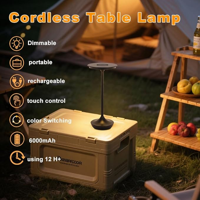EJQ Rechargeable Cordless Table Lamp, 6000mAh Battery Operated LED Table Lights,Touch Control - 3 Color Dimmable for Bedroom, Patio, Cofee, Outdoor,Dining Home,Restaurant&Living Room-Black