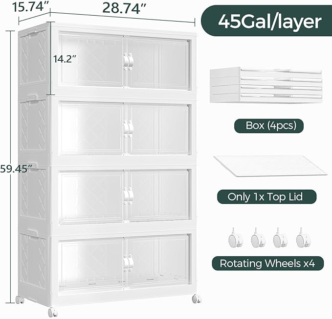 180Gal Stackable Storage Bins with Lid, 720Qt Extra Large Collapsible Storage Box with Doors and Wheels, Plastic Closet Organizer and Storage Cabinet Drawer for Home Kitchen, 4Pack White