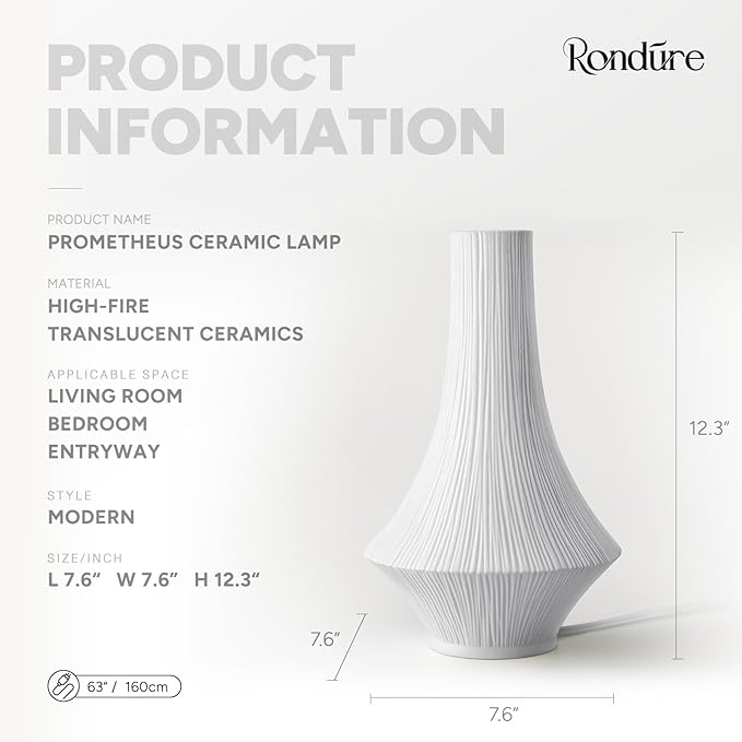RONDURE 12.3" Modern Ceramic Table Lamp, Modern Bedside Lamps for Bedroom, Living Room and Nightstand, White Translucent Ceramic Shade, Warm Ambient Lighting, Corded, Bulb Included