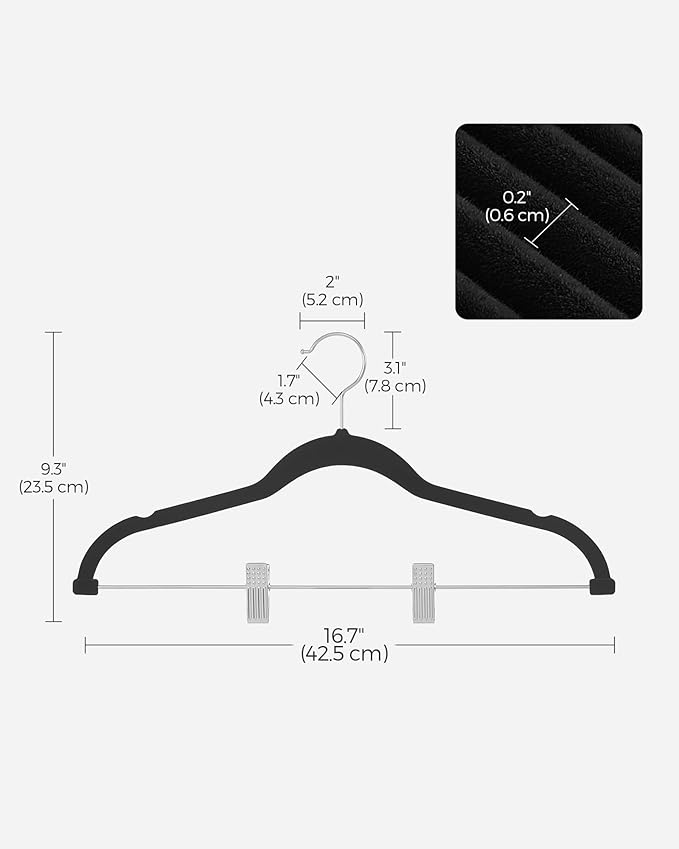 SONGMICS 30 Pack Pants Hangers, 16.7 Inches Long Velvet Trousers Hangers with Adjustable Clips, Heavy-Duty, Non-Slip, Space-Saving for Pants, Skirts, Coats, Dresses, Tank Tops, Black UCRF12B30
