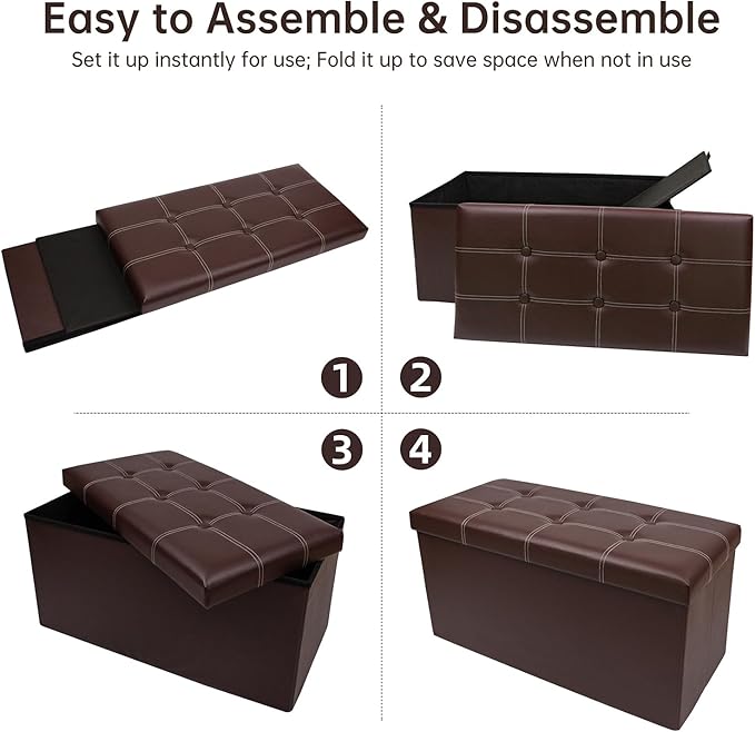 xupersodys 30 Inches Folding Storage Ottoman Bench, Faux Leather Footstool Ottoman, Storage Trunk Footrest for Bedroom, Living Room and Hallway, Support 350lbs, Brown (White line)