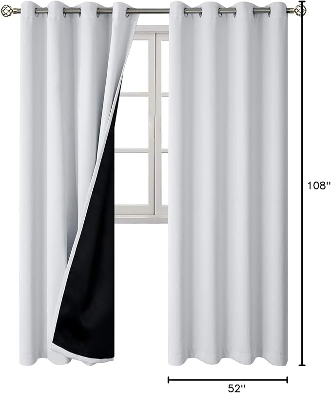 BGment Greyish White 100% Blackout Curtains 108 Inch Long 2 Panles Set, Thermal Insulated Total Light Locking Soundproof Grommet Curtains & Drapes for Living Room with Black Liner, 52 Inch Wide Each