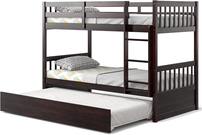 KOMFOTT Wood Twin Over Twin Bunk Bed with Trundle, Solid Pine Wood Bunk Bed Frame with Ladder & Safety Guardrails, Space-Saving Convertible Twin Bed Frame for Home & Dormitory, No Box Spring Needed
