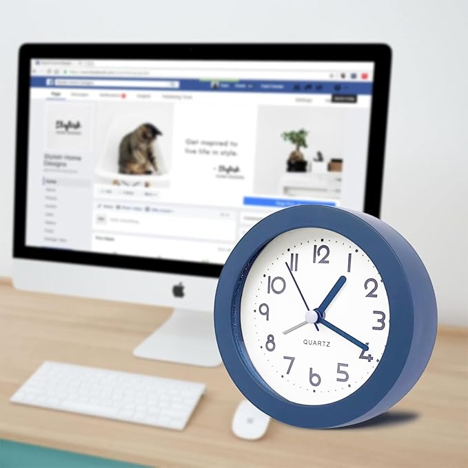 Alarm Clock with Backlight, 4.5 Inches Cute Analog Round Digital Quartz Clock, Non Ticking, Battery Operated ,Frosted Texture, Simply Design for Living Room, Bedroom ,Bedside, Desk Decorative (Blue)