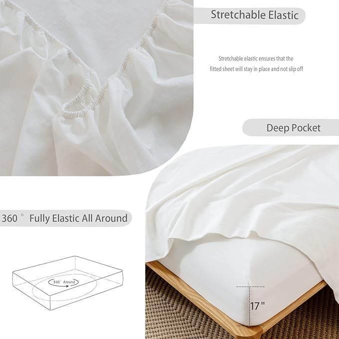 MooMee Fitted Bottom Sheet Only 100% Washed Cotton Linen Like Textured Breathable Durable Soft Comfy Deep Pocket Fits Mattress up to 17" (Off White, Twin)