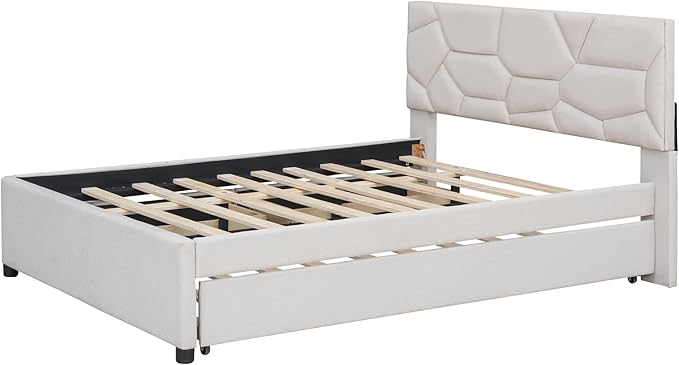 Full Size Bed Frame with Twin Size Trundle and 2 Storage Drawers,Linen Upholstered Platform Bed Frame Full with Brick Pattern Headboard,Solid Wood Slat Support,No Box Spring Needed,Beige