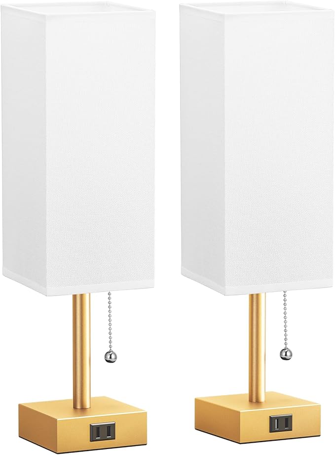 Gold Bedside Table Lamps for Bedroom - Small Nightstand Lamp Set of 2 with AC Outlet Charging Port, 3 Color Temperatures Rectangular Desk Light, Tabletop Reading Lamp for Living Room/Dorm/Office