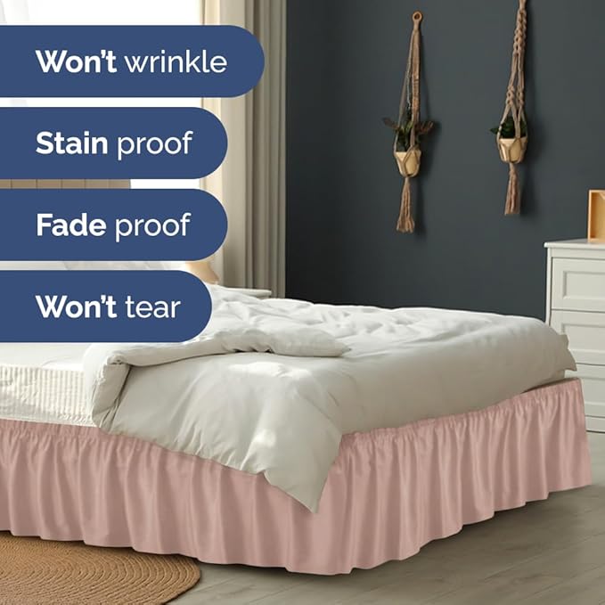 Wrap Around Dust Ruffle Bed Skirt - Mauve - for King Size Beds w/ 12 Inch Drop - Easy Fit Elastic Strap - Adjustable Pleated Bedskirt w/Brushed Fabric - Wrinkle Free - for Women, Men, Kids & Teens