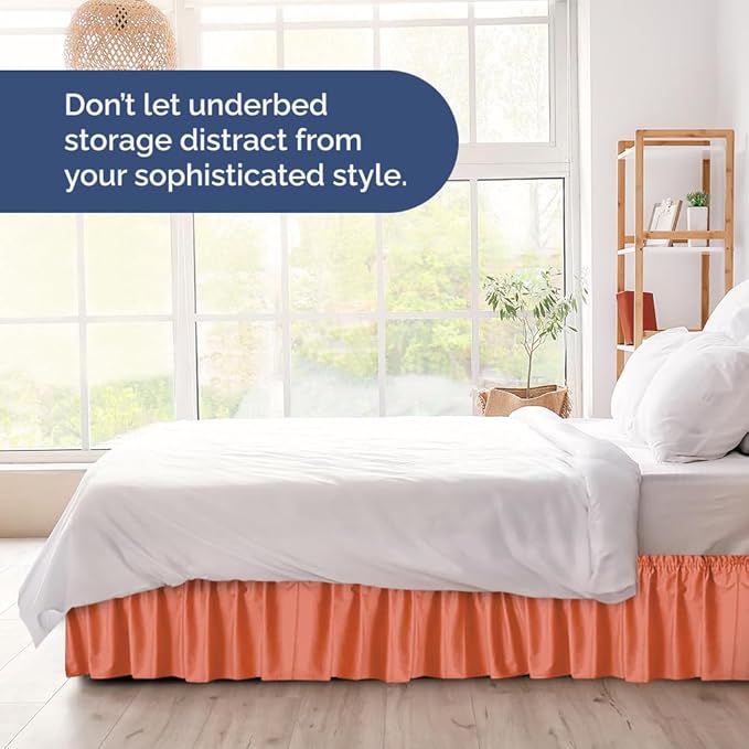 Wrap Around Dust Ruffle Bed Skirt - Coral - for King Size Beds with 18 Inch Drop - Easy Fit Elastic Strap - Adjustable Pleated Bedskirt w/Brushed Fabric - Wrinkle Free - for Women, Men, Kids & Teens