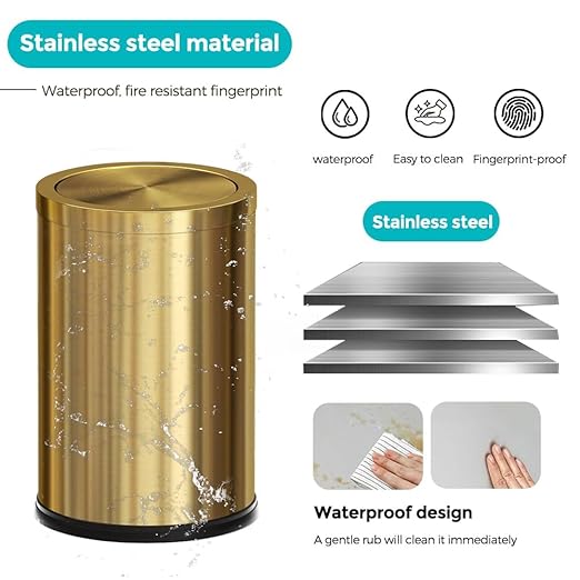 2.4 Gallon Brass Gold Bathroom Trash Can, Fancy Waste Basket Powder Room Bedroom, Elegant Modern Decorative Garbage Can for Restroom Office Hotel Kitchen (Gold Single Layer)
