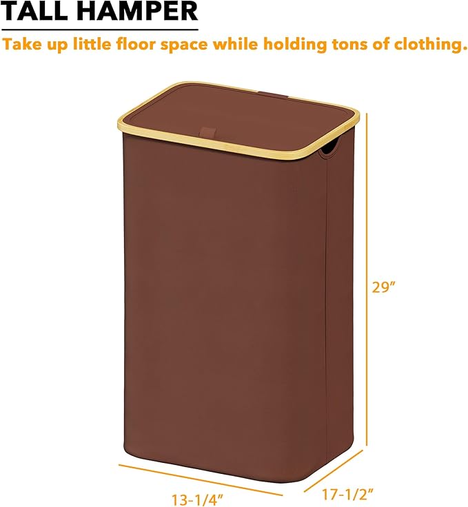 SpaceAid Laundry Hamper with Lid, 110L Large Tall Clothes Basket Bin with Bamboo Handles, Collapsible Laundry Hamper for Bedroom, Bathroom, Dorm, Laundry Room - Brown
