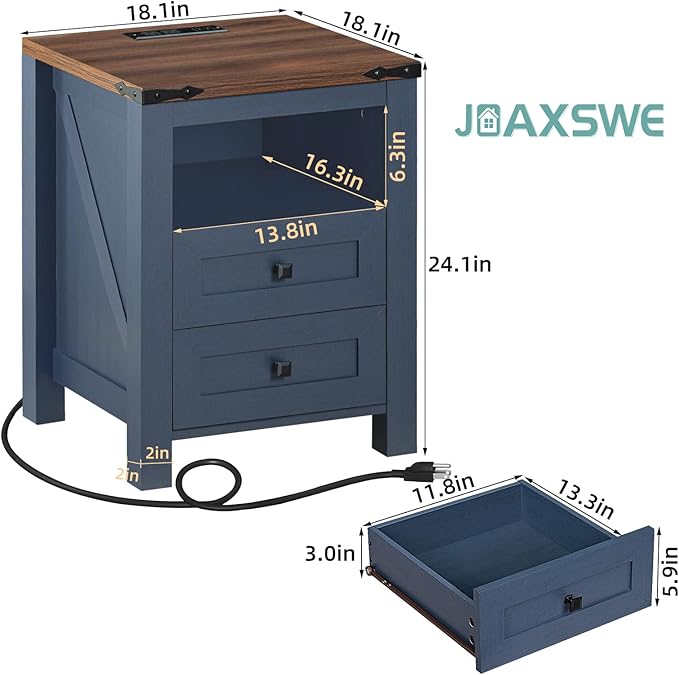 Joaxswe Nightstands Set of 2 with Charging Station, Farmhouse Night Stand with 2 Drawers and Shelf Storage, Wooden Side End Table, Bedside Cabinet for Bedroom, Living Room, Closet,Office (Blue) | with 2 Drawers, and Shelf Storage, Bedside Cabinet, for ...