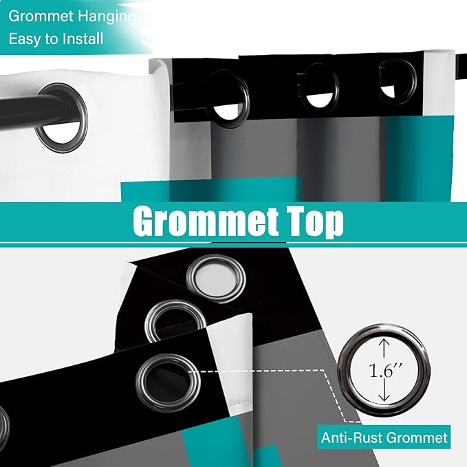 Teal/Turquoise 100% Blackout Curtains for Bedroom 63 inch Length 2 Panels Set Black White Grey Modern Abstract Geometric Black Out Curtains Room Darkening Window Drapes for Living Room, 52Wx63L