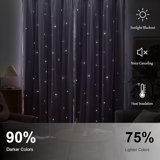 Stars Curtains Double Layer Curtains Blackout Curtains for Bedroom Kids Curtains Cute Curtains Kids Blackout Curtains, Curtains 108 Inches Long 2 Panels Set, Purple Curtains, 52 X 108 Inches