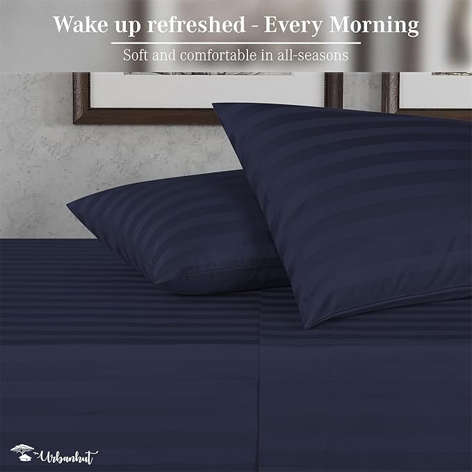 URBANHUT 800 Thread Count 100% Cotton Damask King Size Sheets, 4 Piece Striped King Size Bedsheets, Luxury Hotel Sheets Sateen Weave - Better Than Egyptian, 16" Elasticized Deep Pocket- Navy Blue