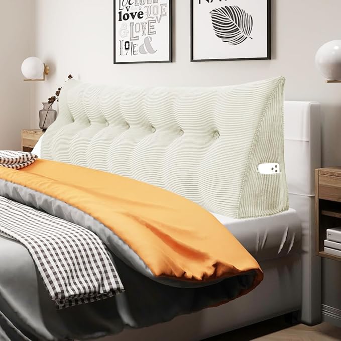 WOWMAX 100% Cotton Corduroy Headboard Pillow – King Size Back Support Reading Wedge for Bed & Daybed, Plush Handmade Bolster Cushion with Removable Cover, Cozy Bed Rest Pillow, White