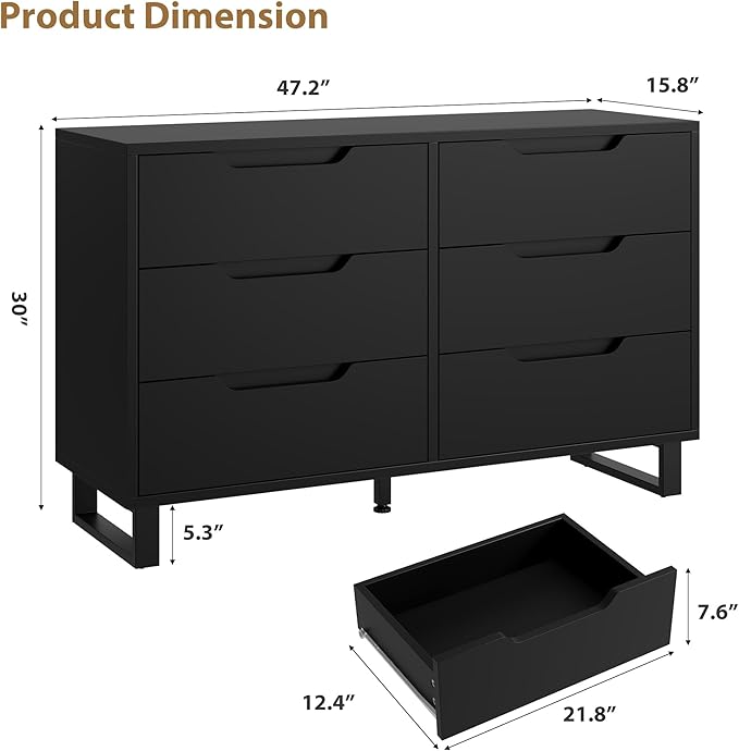 GarveeHome 6 Dresser for Bedroom, 47.2 in Wide Dresser, Freestanding Vertical Drawer Cabinet with Storage, Wooden Closet Storage Chest for Living Room, Hallway, Entryway, Black