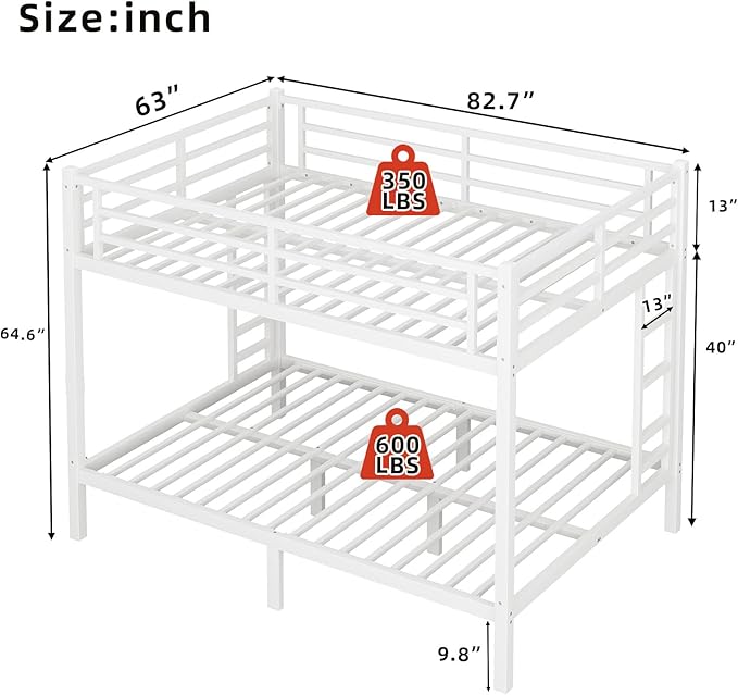 Queen Over Queen Bunk Bed Frame, Heavy Duty Metal Loft Bed for Adults/Teens, 400/600LB Capacity w/Ladder & Guardrail, Noise-Free Steel Slats, No Box Spring Required, White