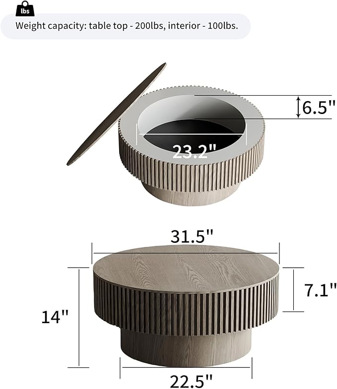 LKTART Round Coffee Table for Living Room, Accent Fluted Drum Coffee Table with Storage, Modern Solid Wood Veneered Circle Center Tea Table for Small Space Apartment (31.5''D×14''H-Grey)