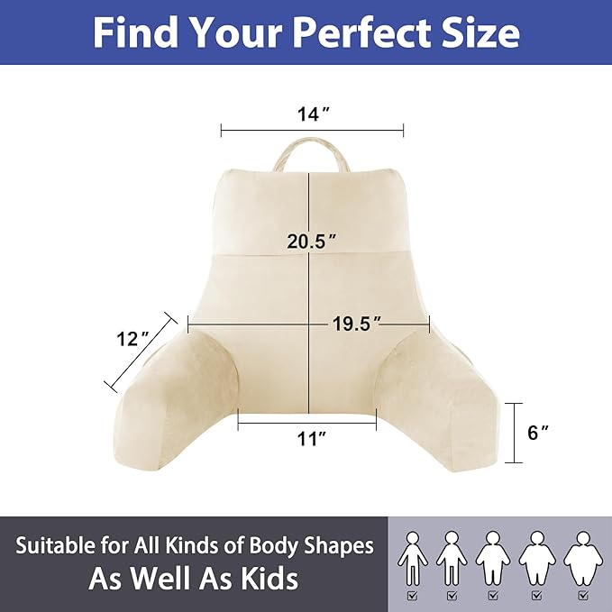 IPYNBAP Reading Pillow with Arms for Adult, Back Pillow for Bed Sitting Up, Shredded Memory Foam Backrest Pillow with Pockets & Removable Washable Cover, Lounging, Watching TV, Reading(20" Beige)